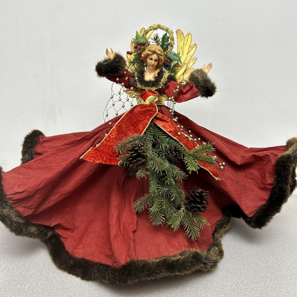 Vintage Christmas Angel, Table Top, Red Fur Trimmed Full Skirt,‎ Gold Wings, 20"